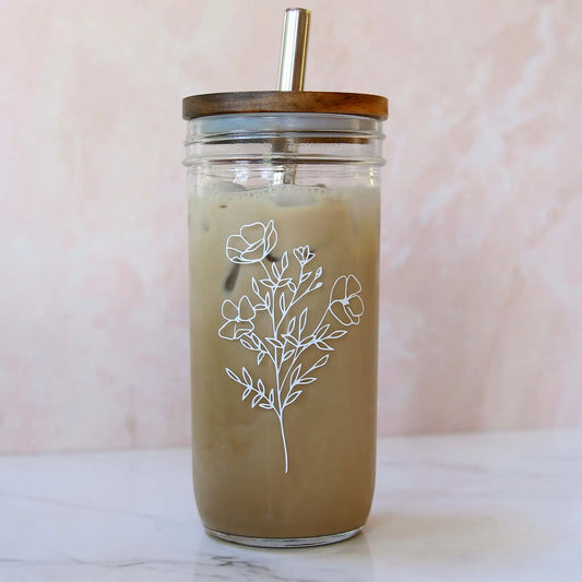 GLASS TUMBLER W/BAMBOO TOP AND STRAW FLORAL 22OZ