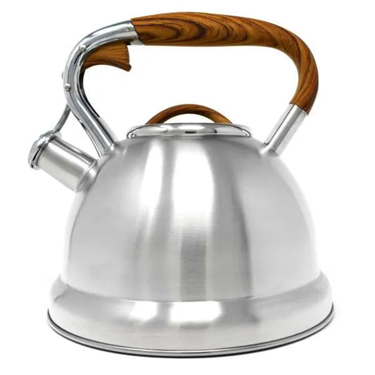 STAINLESS WHISTLING KETTLE WOOD LOOK HANDLE 3.2 QT