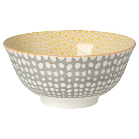 ASIAN BOWL GRY/YEL DOTS 6"