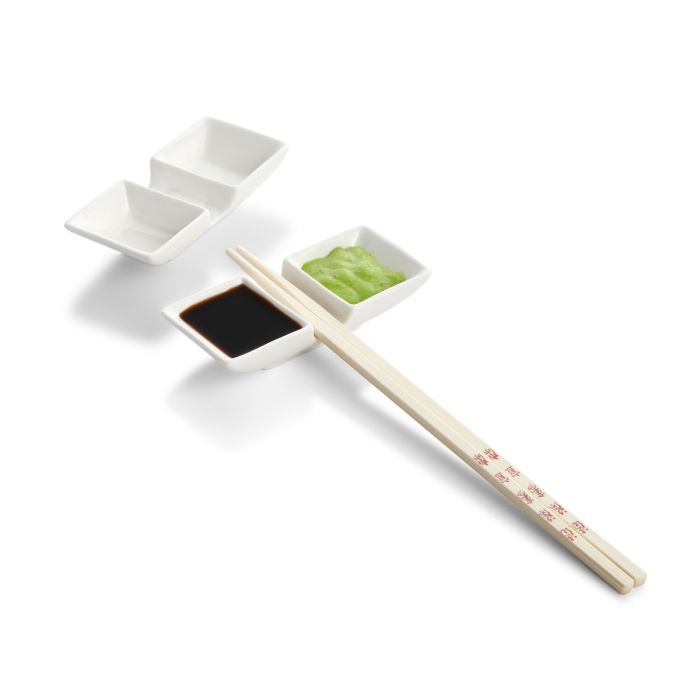 HELEN'S ASIAN KITCHEN 2-SECTION SAUCE DISH W/ CHOPSTICK REST SET OF 2