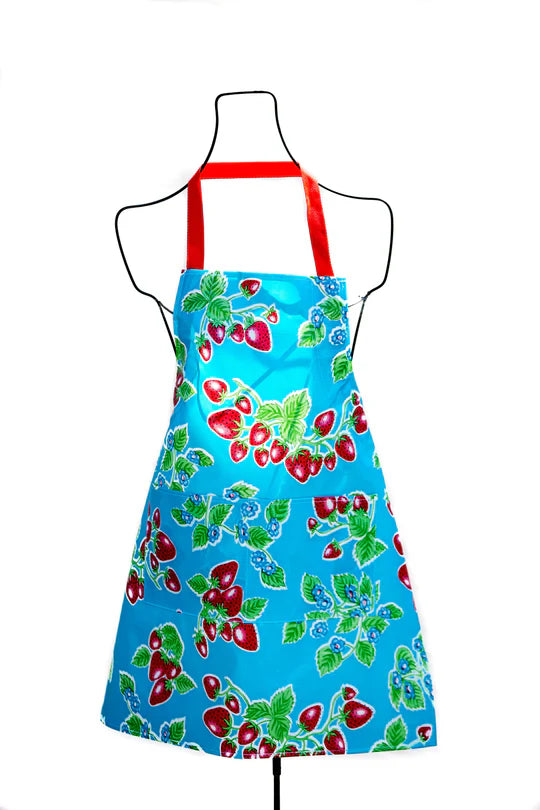 APRON OILCLOTH BLUE W/ STRAWBERRIES