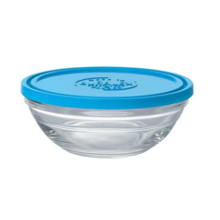 STACKABLE GLASS BOWL W/ BLUE LID 6.75"