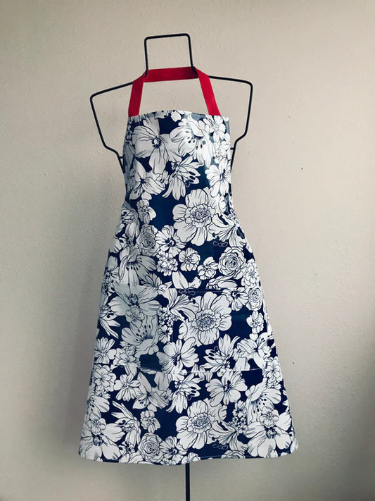 APRON OILCLOTH NAVY BLUE W/ WHITE FLOWERS