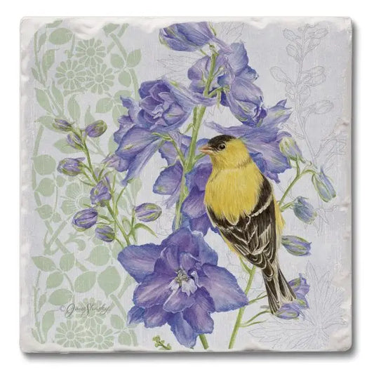 ABSORBENT COASTER TUMBLED TILE DELPHINIUM BIRDHOUSE