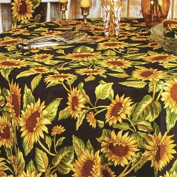 APRIL CORNELL TABLECLOTH ROUND SUNFLOWER VALLEY BLACK  88"